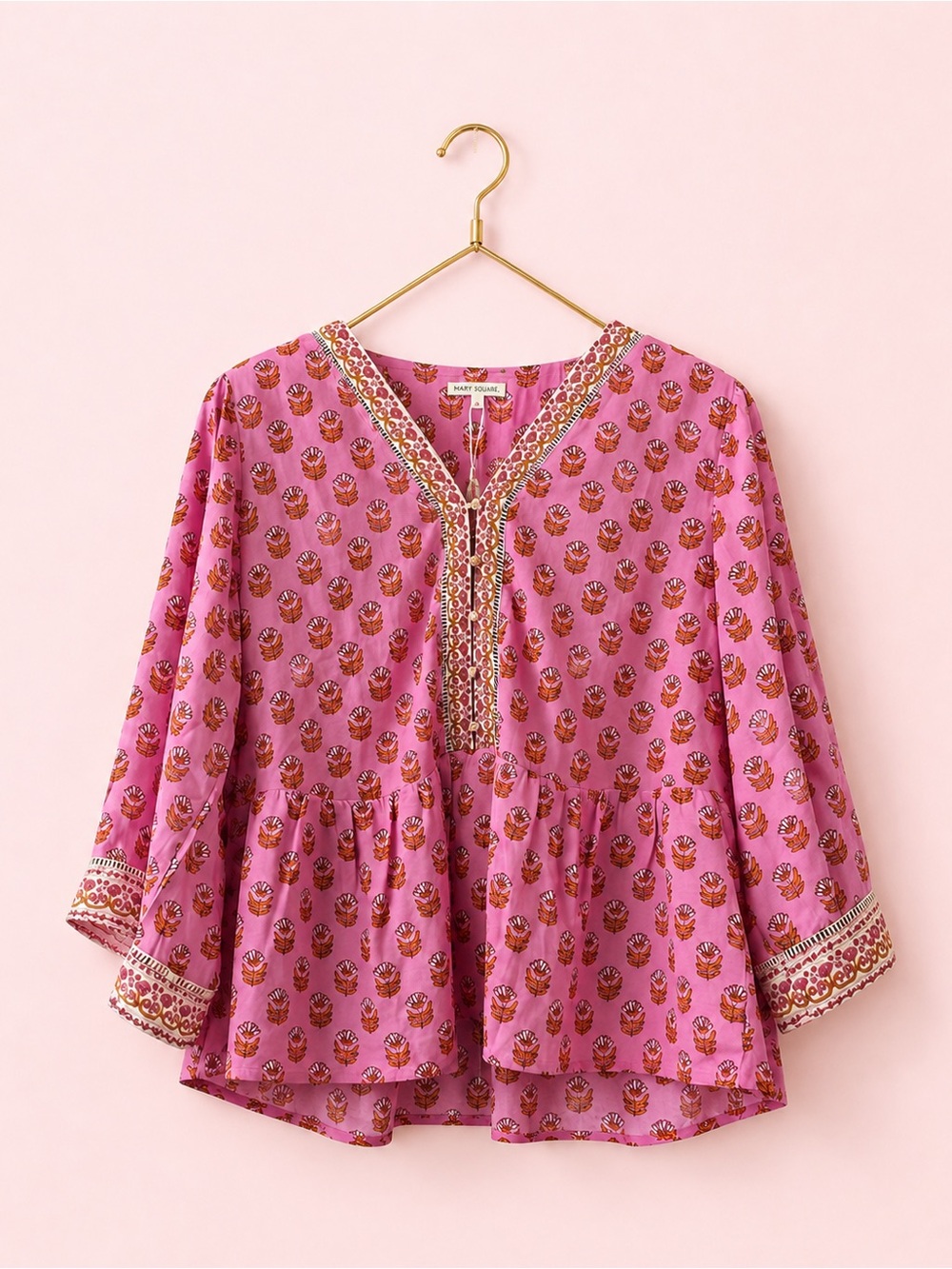 Mary Square Pink Floral Peasant Blouse | Size Large | Boutique Boho Cottagecore